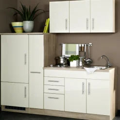 Küchenzeile Toto 210cm mit Kochfeld und Kühlschrank - Hochglanz creme