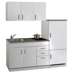Küchenzeile Toto 180cm mit Kochfeld und Kühlschrank - weiß/marmoriert
