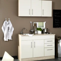 Küchenzeile Toto 120cm mit Kochfeld - Hochglanz creme