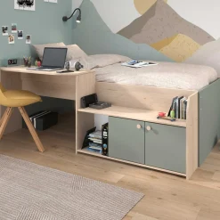 Kinderbett Jada - 90x200cm - mit Schreibtisch und Stauraum - Eichendekor/grün