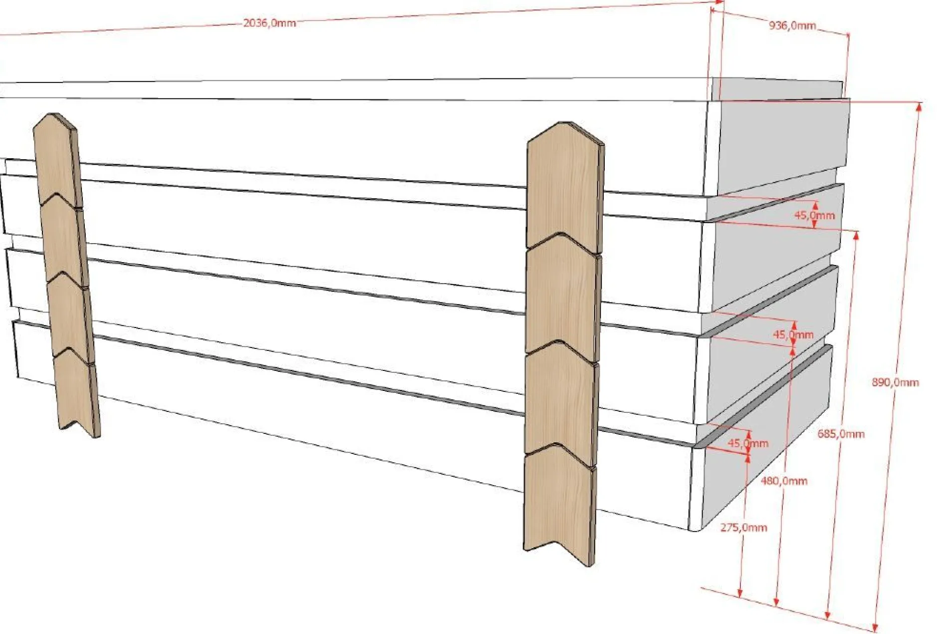 Kinderbett Modulo arrow 90x200 stapelbar 2er Set weiß/Kieferholz