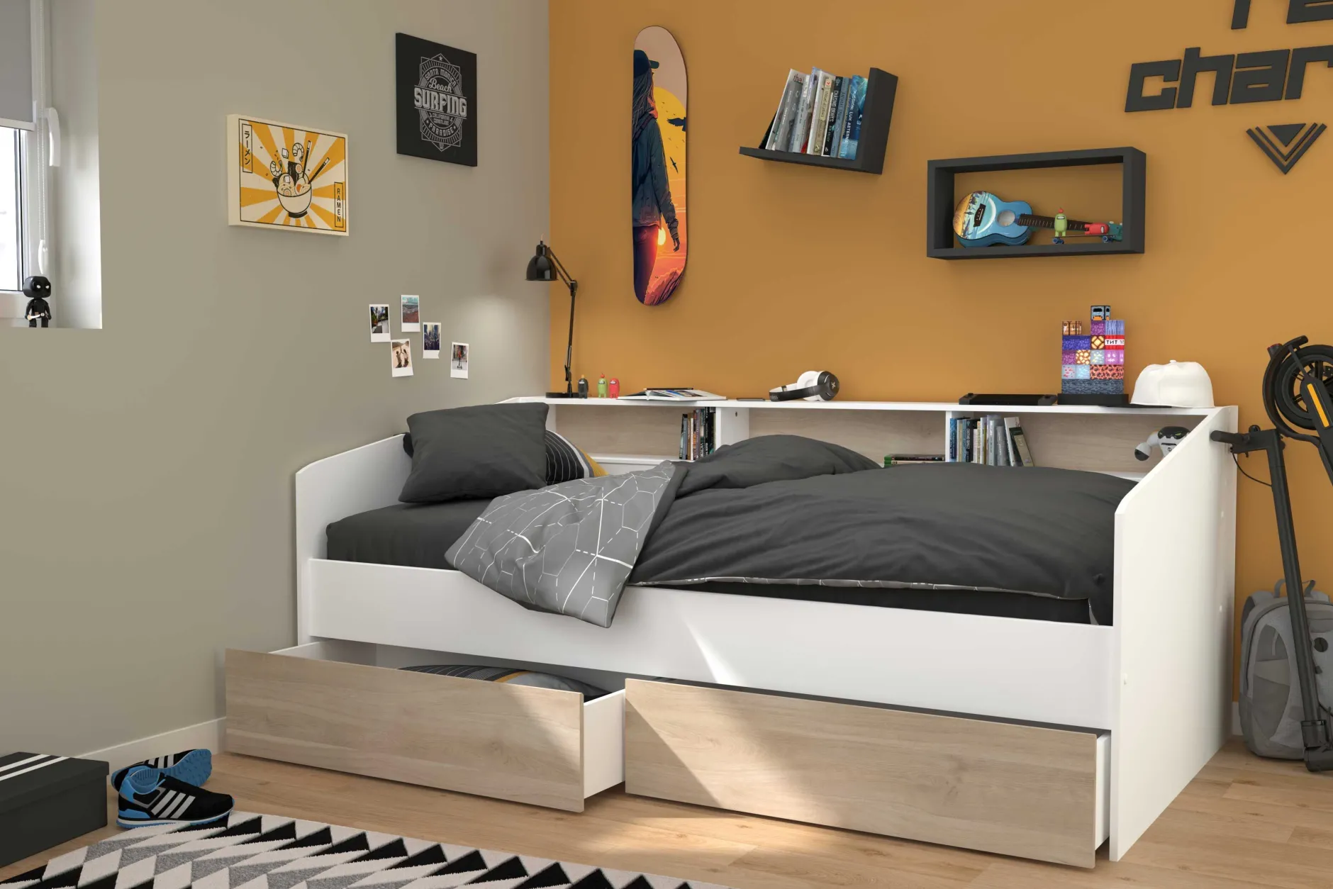 Kinderbett Sleep 90x200cm mit Bettkästen - weiß/Eiche Dekor