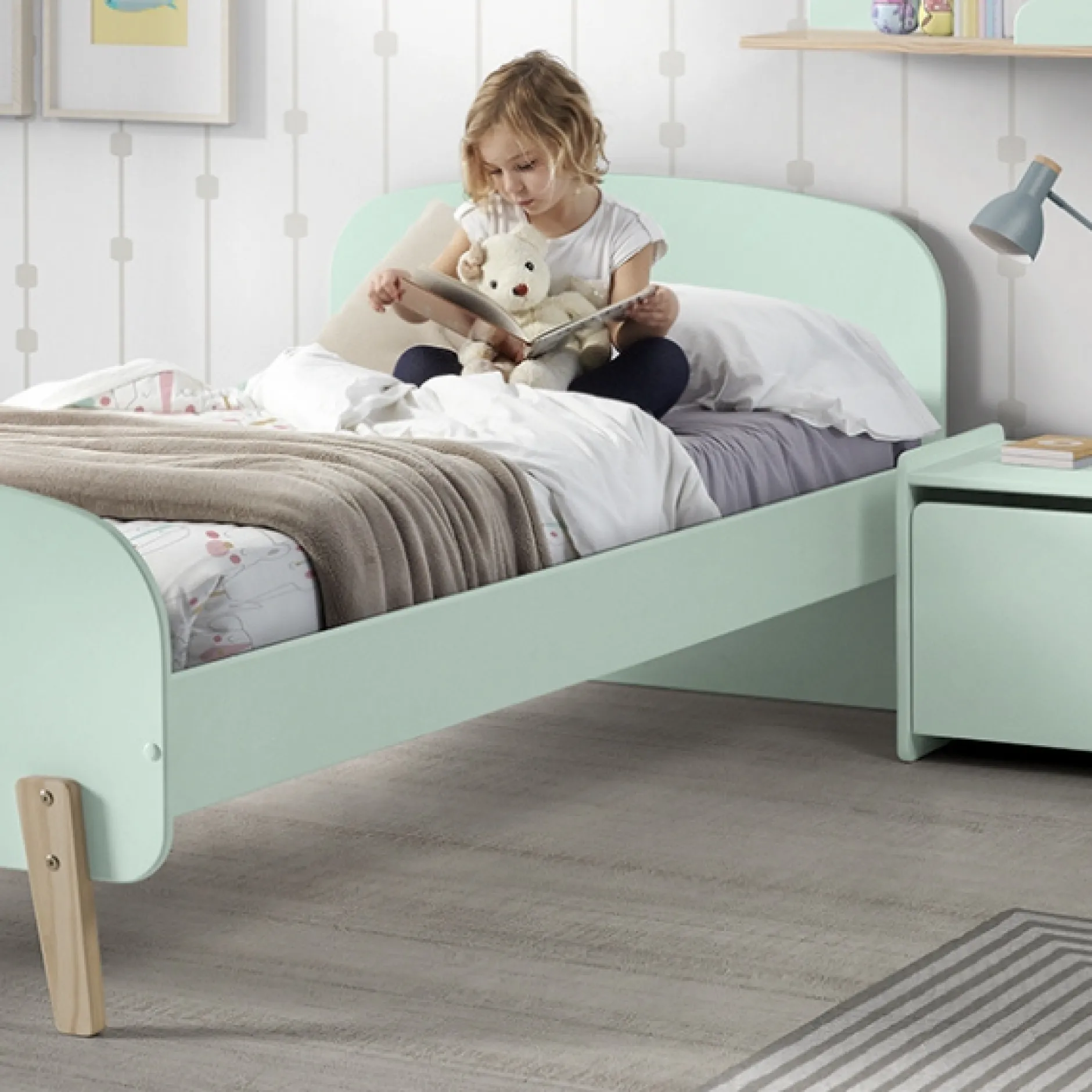 Kinderbett 90x200 cm mit Lattenrost und Nachttisch Kiddy-mintgrün