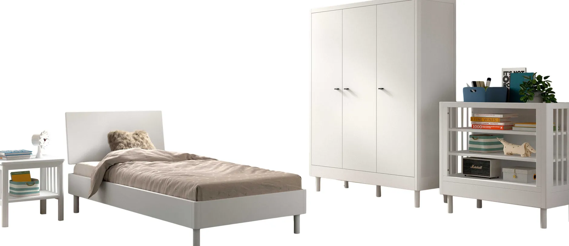 Kinderzimmer Forrest: Nachttisch, Bett 90x200, Kleiderschrank, Regal - Weißbuche