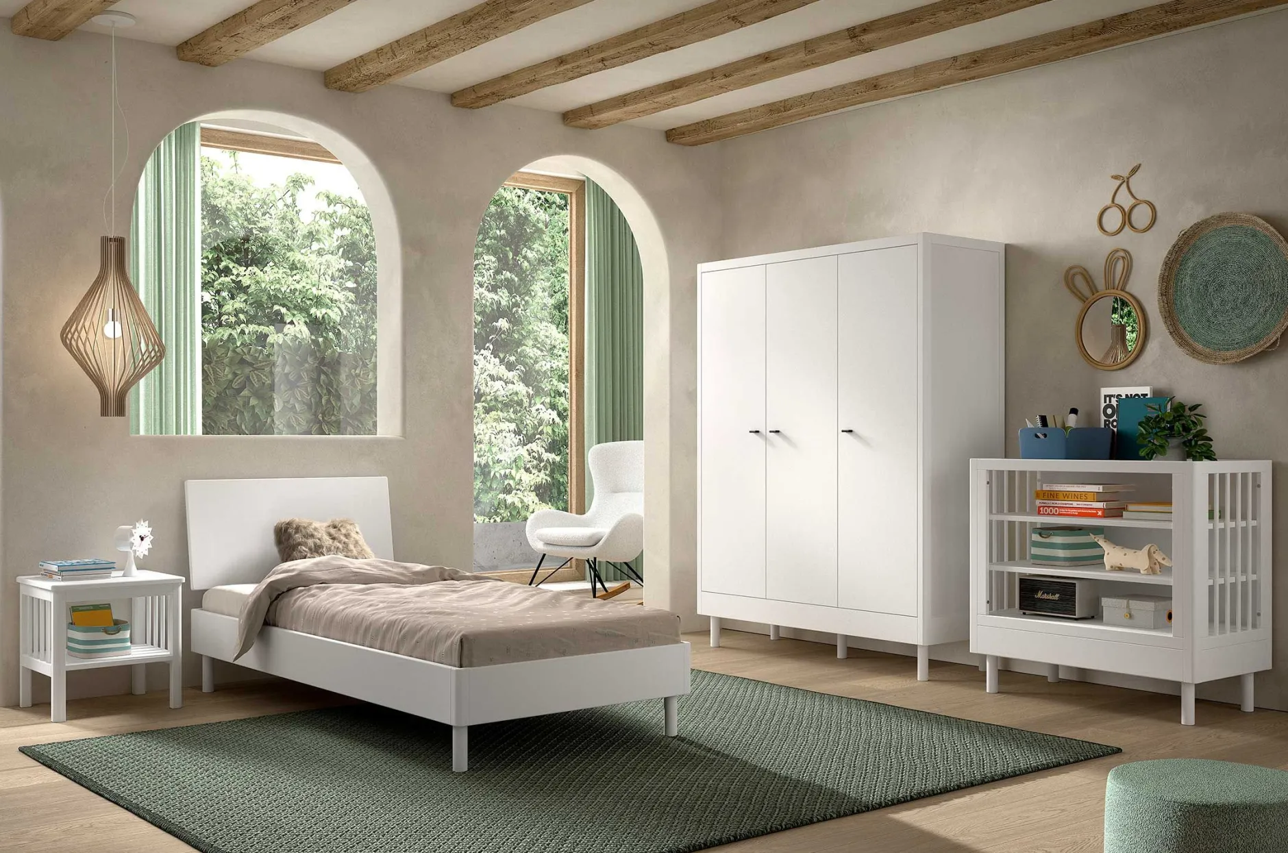 Kinderzimmer Forrest: Nachttisch, Bett 90x200, Kleiderschrank, Regal - Weißbuche