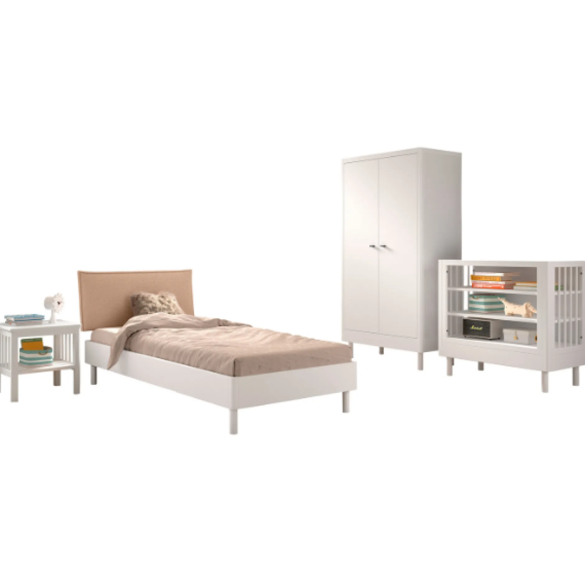 Kinderzimmer Forrest: Nachttisch, Bett 90x200, Kleiderschrank, Regal - Weißbuche
