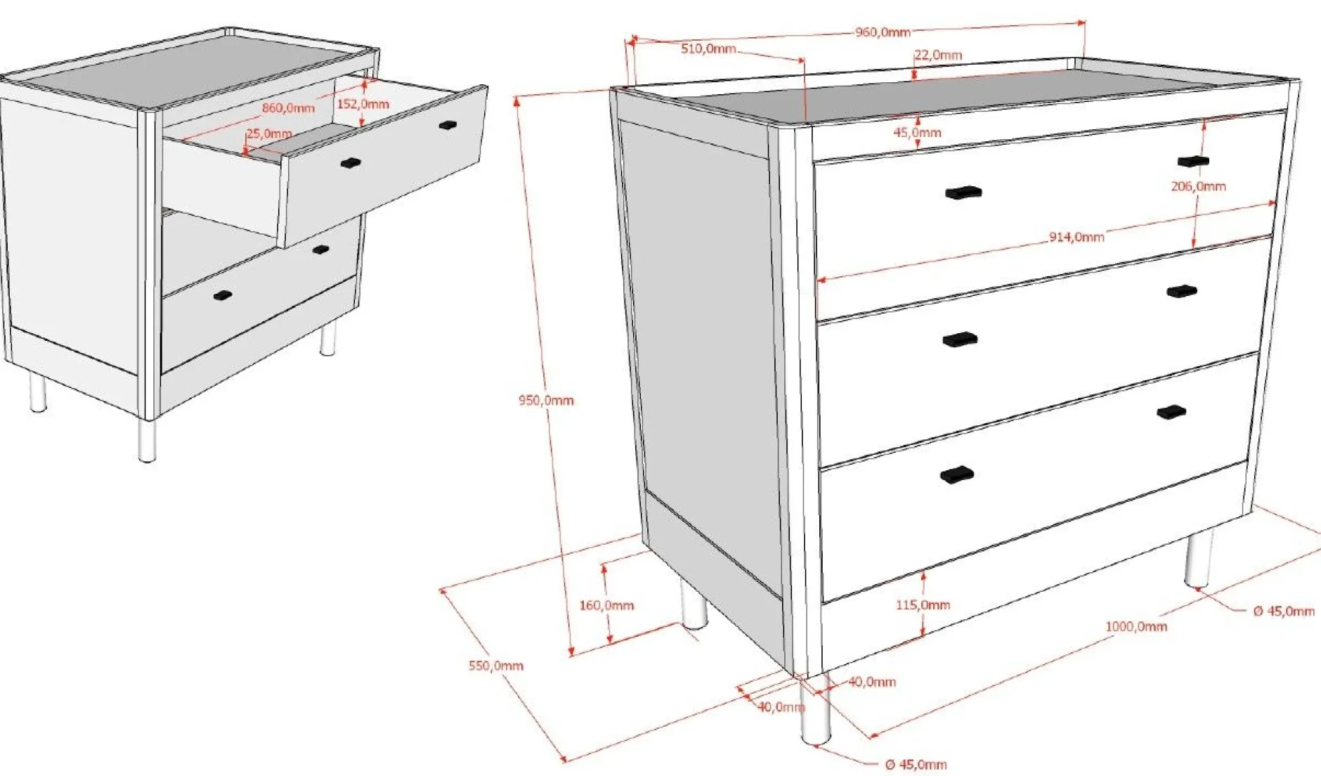 Kinderzimmer Forrest: Nachttisch, Bett 90x200, Kleiderschrank, Kommode - Weißbuche