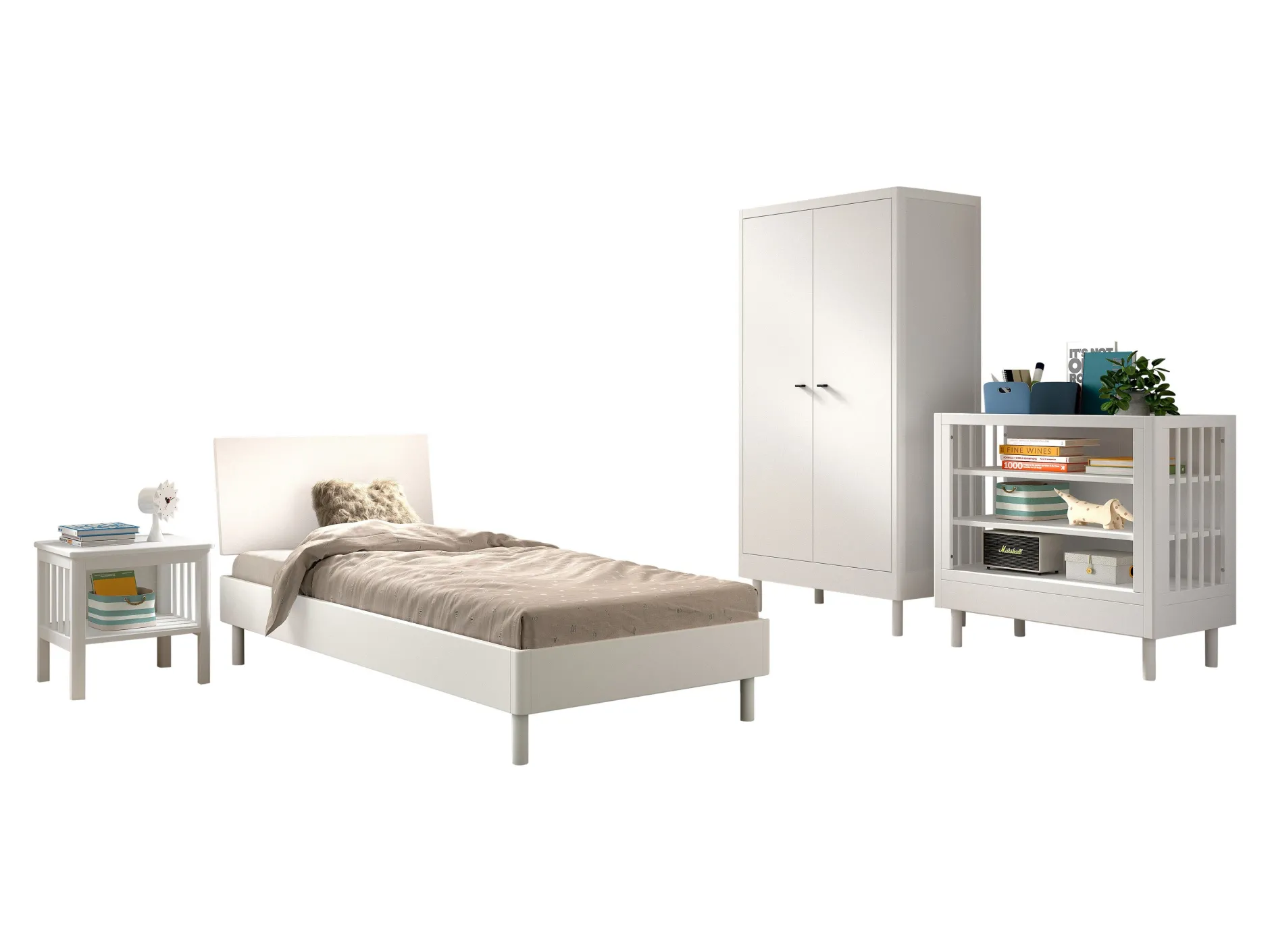 Kinderzimmer Forrest: Nachttisch, Bett 90x200, Kleiderschrank, Regal - Weißbuche