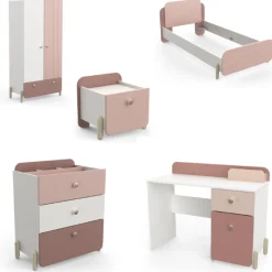 Kinderzimmer Janne: Bett 90x200cm, Nachttisch, Kommode, Kleiderschrank, Schreibtisch - rosa/weiß