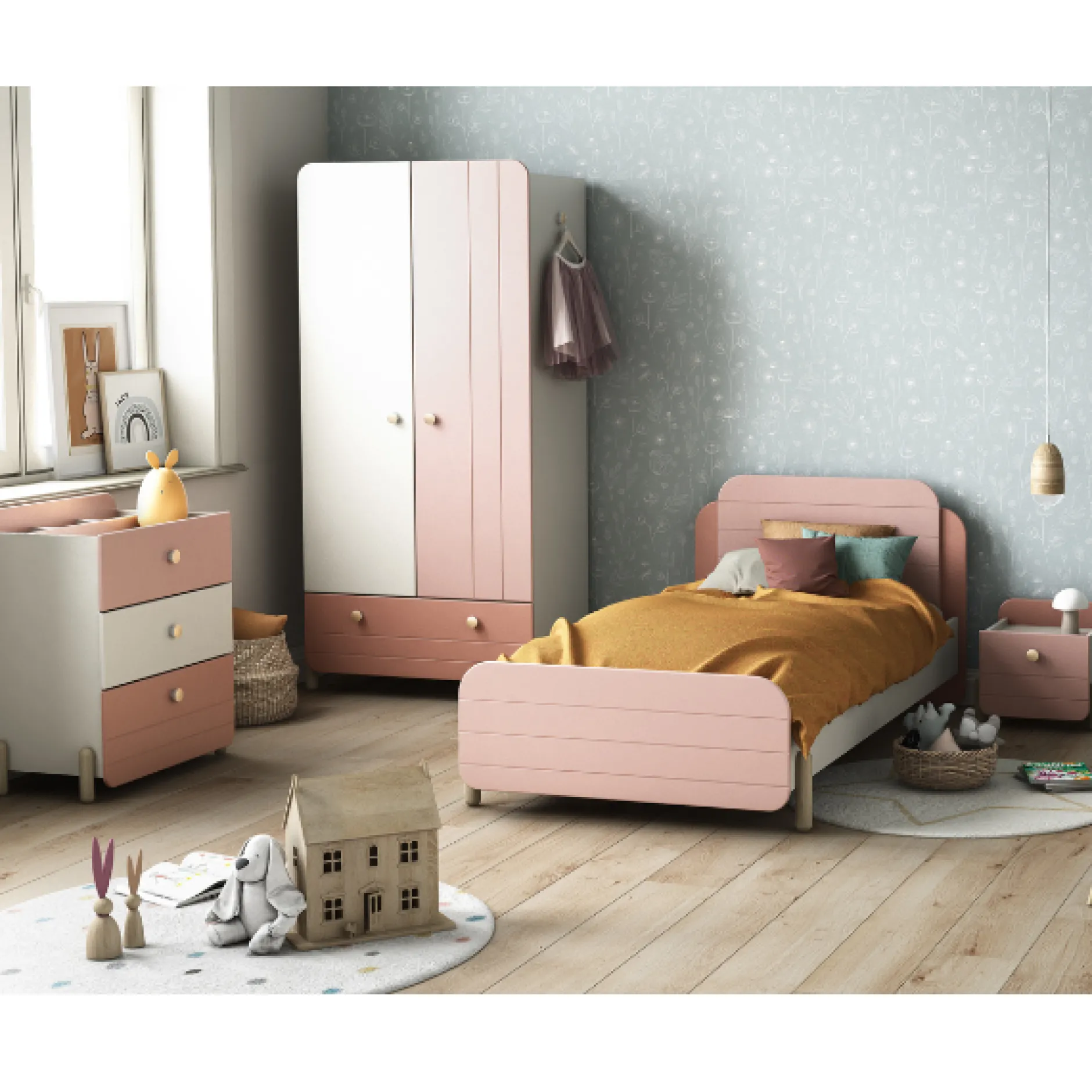Kinderzimmer Janne: Bett 90x200cm, Nachttisch, Kommode, Kleiderschrank - rosa/weiß