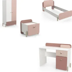 Kinderzimmer Janne: Bett 90x190cm, Nachttisch, Kleiderschrank, Schreibtisch - rosa/weiss