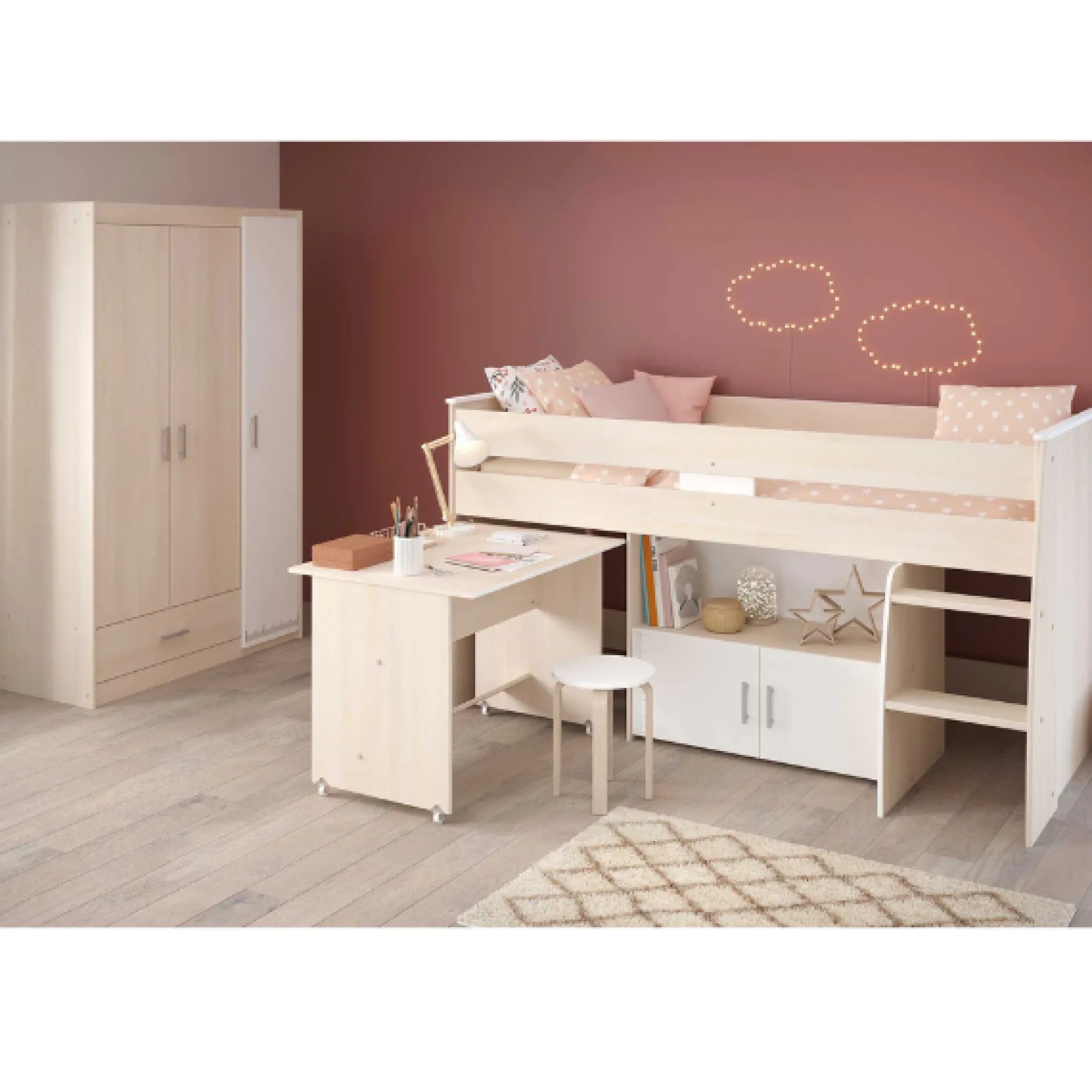 Kinderzimmerkombination Charly 90x200 | Halbhohes Bett und Kleiderschrank