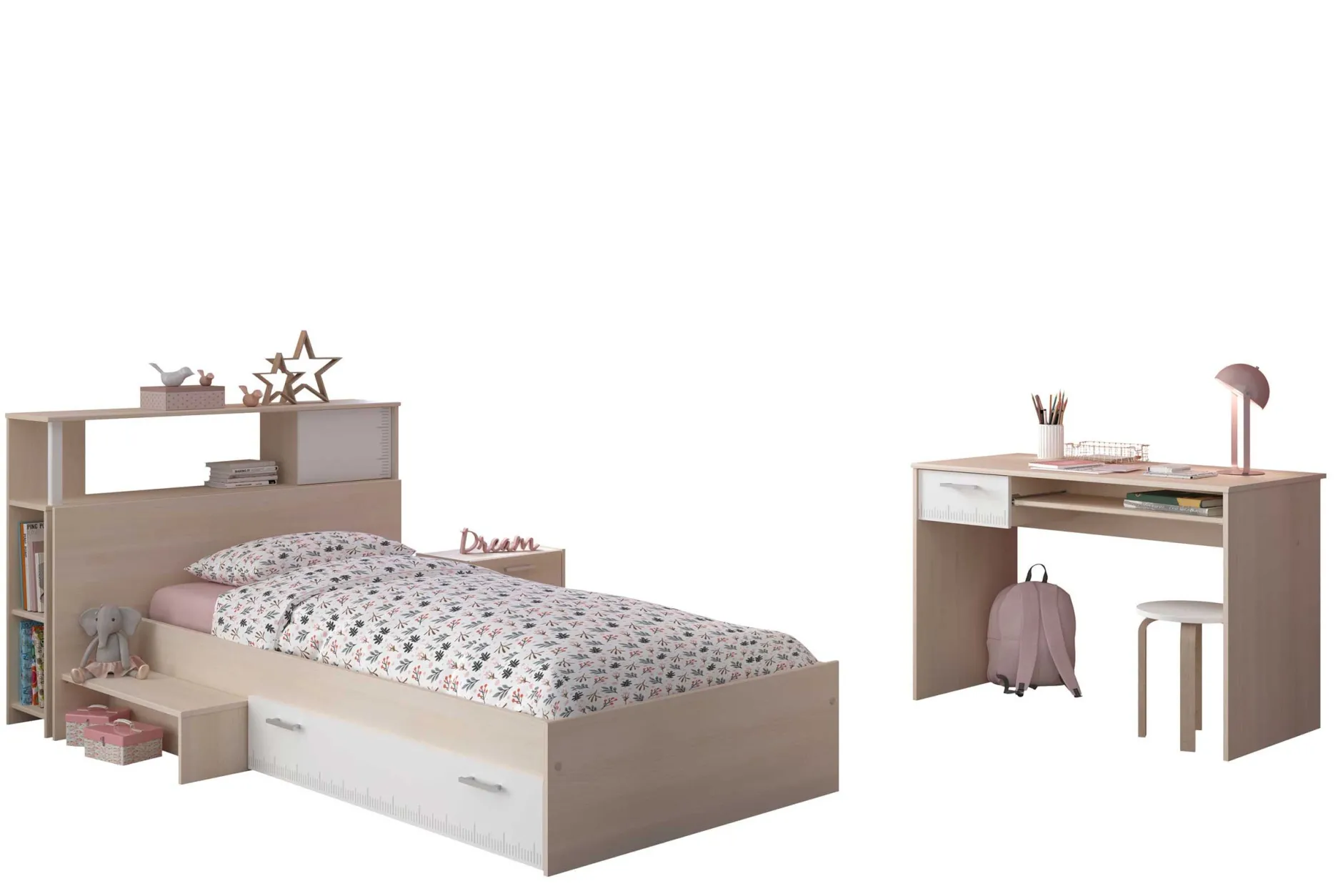 Kinderzimmerkombination Charly 90x200 | Kinderbett, Rückwand, Nachttisch, Schreibtisch