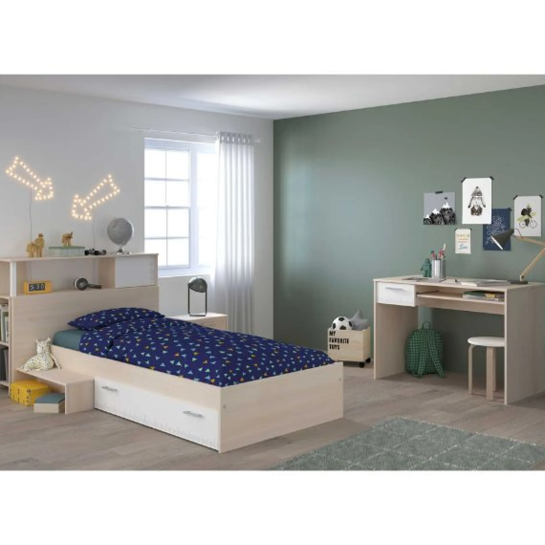 Kinderzimmerkombination Charly 90x200 | Kinderbett, Rückwand, Nachttisch, Schreibtisch