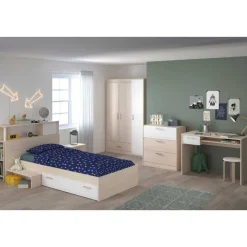 Kinderzimmerkombination Charly 90x200 | Kinderbett, Rückwand, Nachttisch, Kleiderschrank, Kommode, Schreibtisch