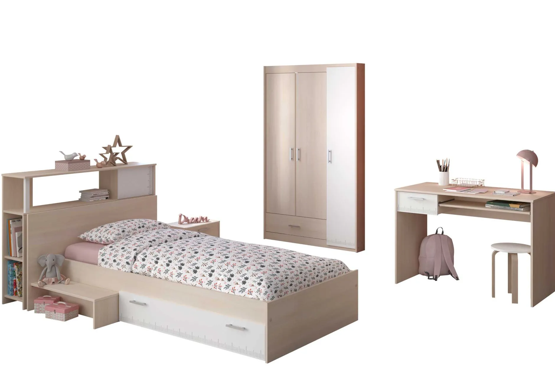 Kinderzimmerkombination Charly 90x200 | Kinderbett, Rückenteil, Nachttisch, Kleiderschrank, Schreibtisch