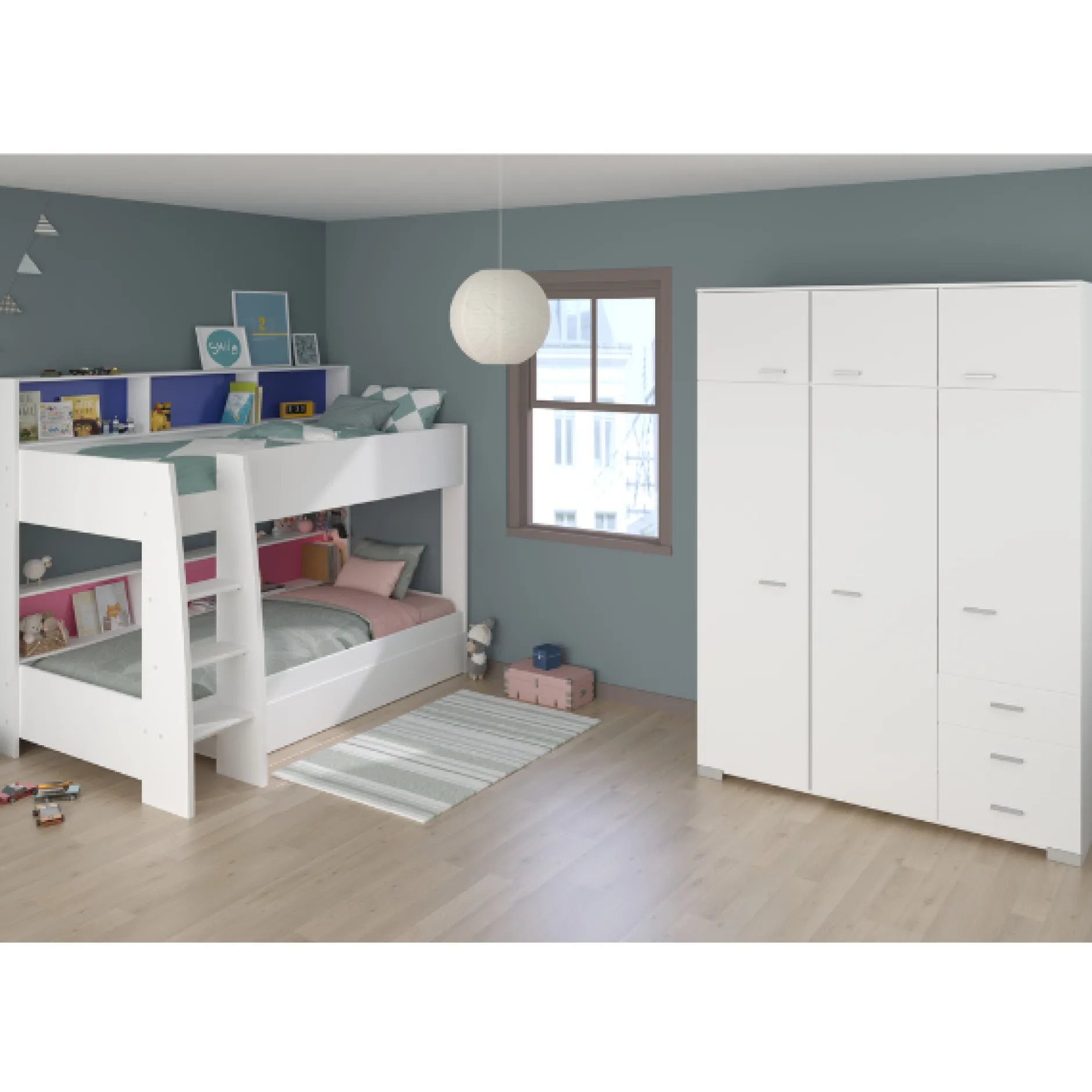 Kinderzimmerkombination Leo/Galaxy | Etagenbett, Bett-Schubladen-Set, Kleiderschrank