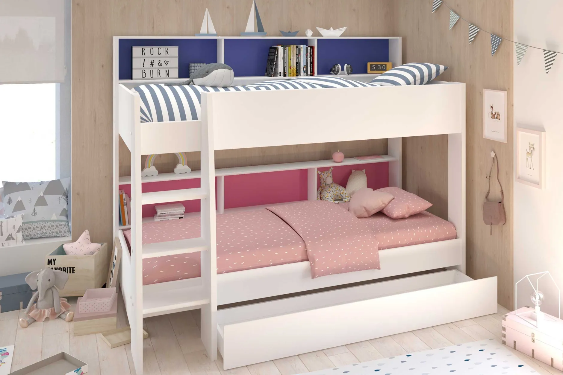 Kinderzimmerkombination Leo/Galaxy | Etagenbett, Bett-Schubladen-Set, Kleiderschrank