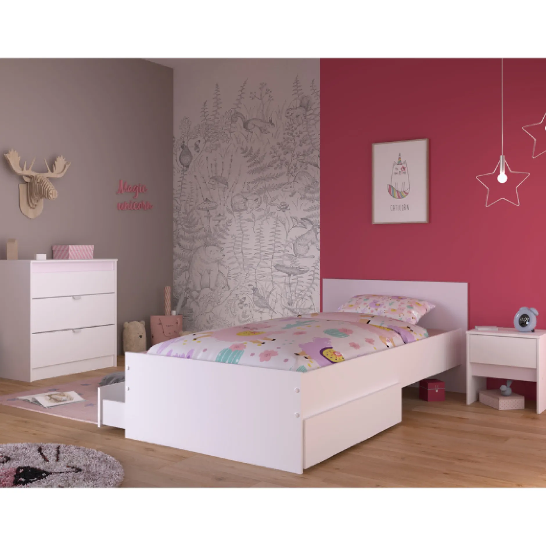 Kinderzimmer Rue | Einzelbett, Nachttischgarnitur, Nachttisch, Kommode