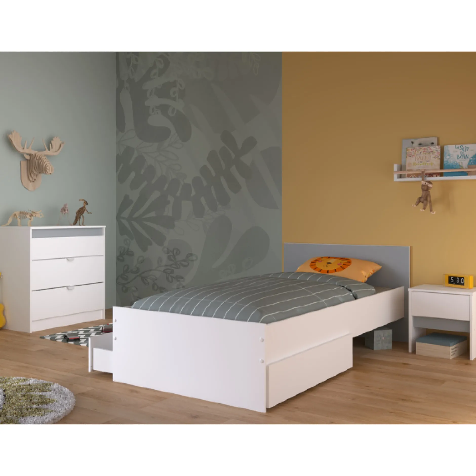 Kinderzimmer Rue | Einzelbett, Nachttischgarnitur, Nachttisch, Kommode