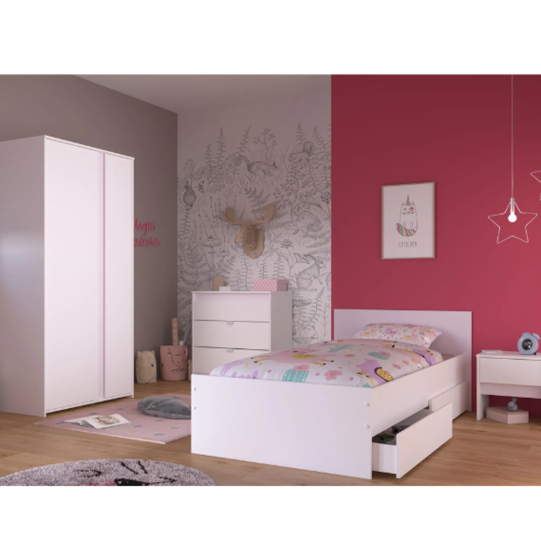 Kinderzimmer Rue | Einzelbett, Nachttisch-Set, Nachttisch, Kleiderschrank, Kommode
