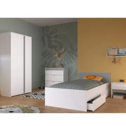 Kinderzimmer Rue | Einzelbett, Nachttisch-Set, Nachttisch, Kleiderschrank, Kommode
