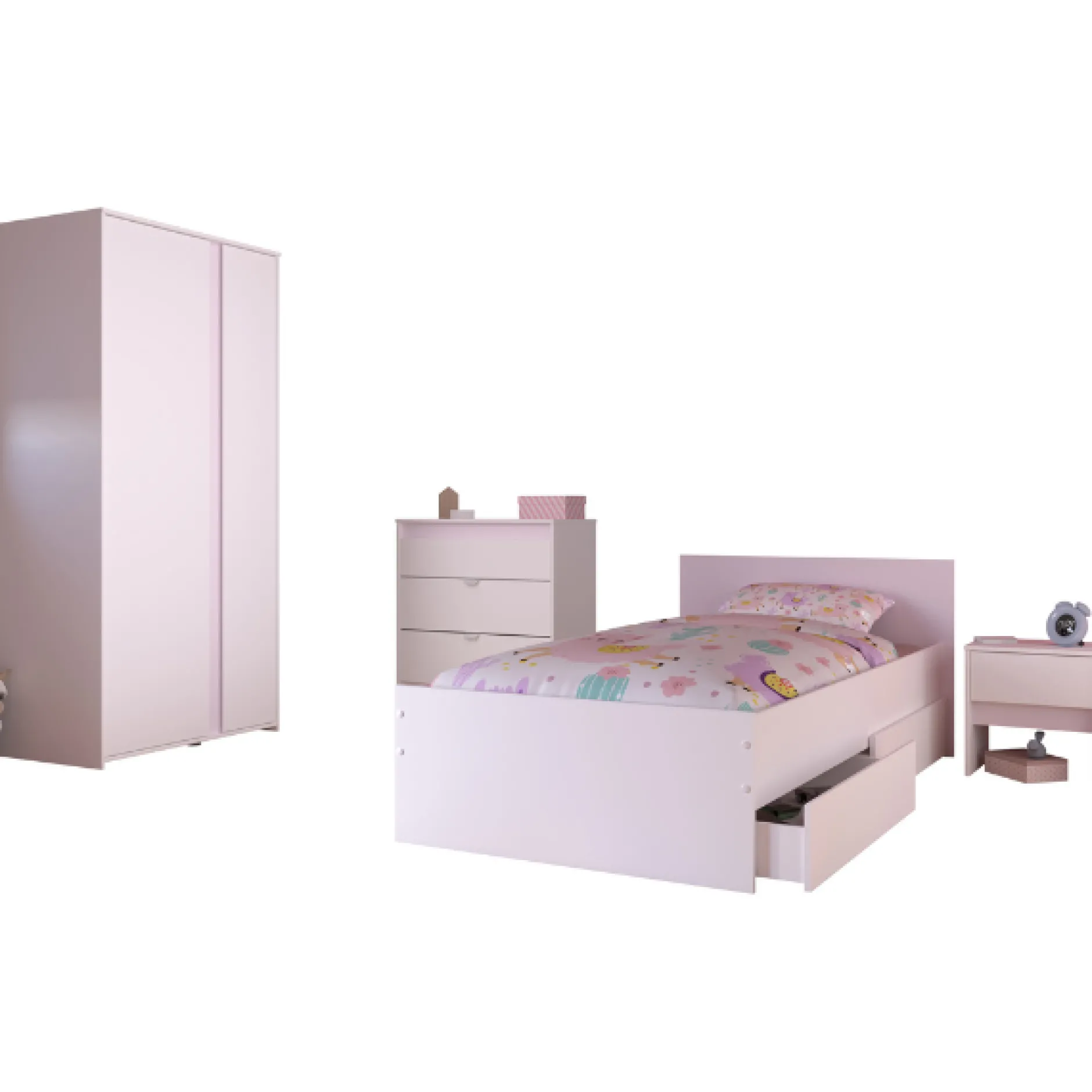 Kinderzimmer Rue | Einzelbett, Nachttisch-Set, Nachttisch, Kleiderschrank, Kommode
