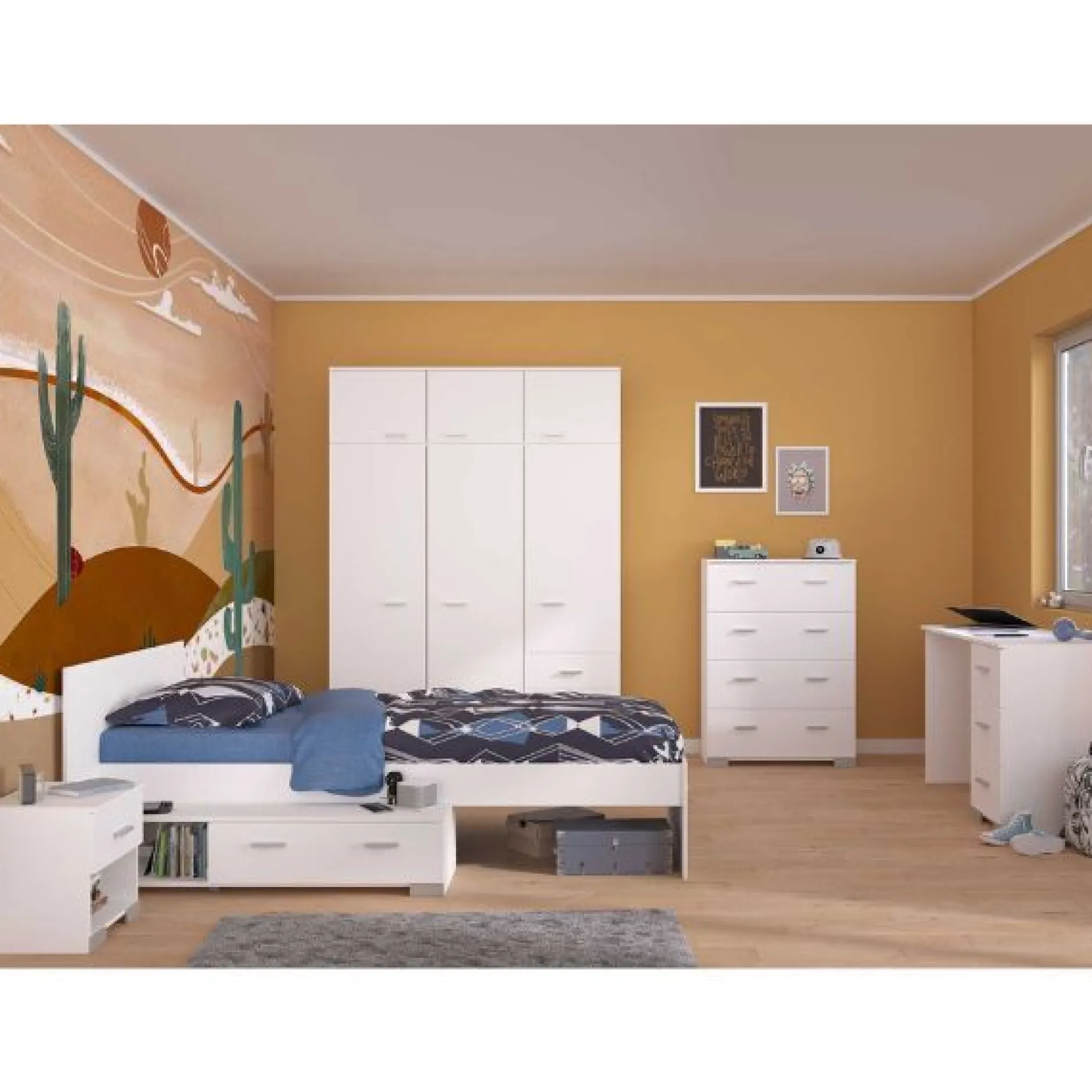 Kinderzimmer-Set Galaxy | Einzelbett, Kommode, Schreibtisch, Kleiderschrank, Nachttisch | Weiß