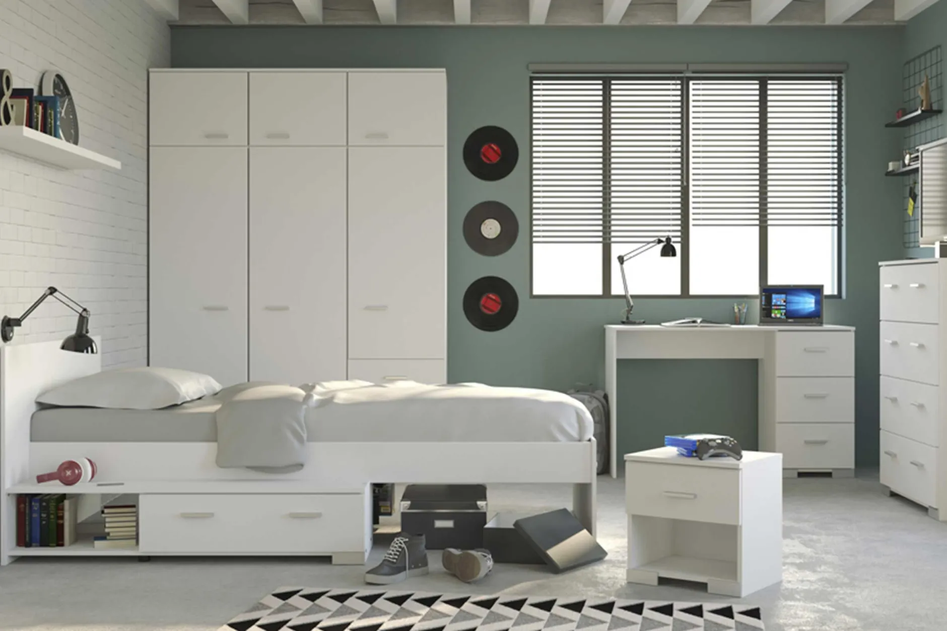 Kinderzimmer-Set Galaxy | Einzelbett, Kommode, Schreibtisch, Kleiderschrank, Nachttisch | Weiß
