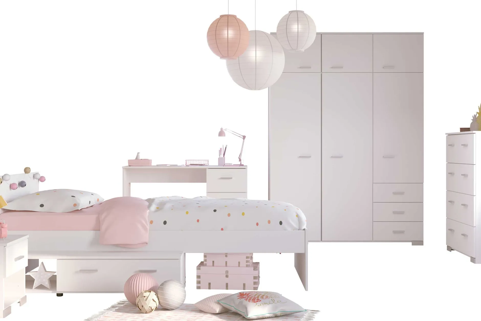 Kinderzimmer-Set Galaxy | Einzelbett, Kommode, Schreibtisch, Kleiderschrank, Nachttisch | Weiß
