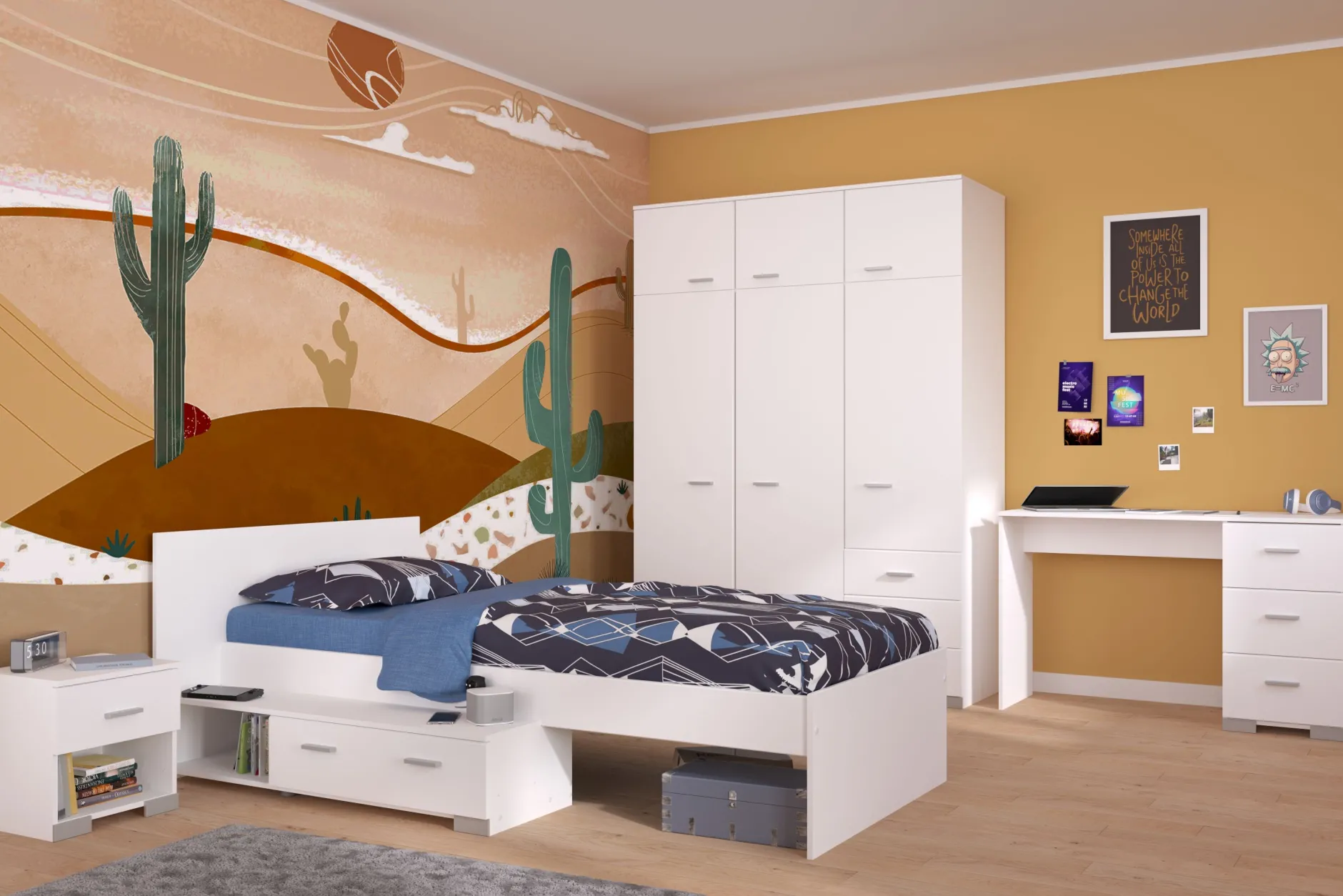 Kinderzimmer-Set Galaxy | Einzelbett, Schreibtisch, Kleiderschrank, Nachttisch | Weiß