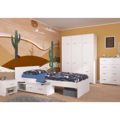 Kinderzimmer-Set Galaxy | Einzelbett, Kommode, Kleiderschrank, Nachttisch | Weiß