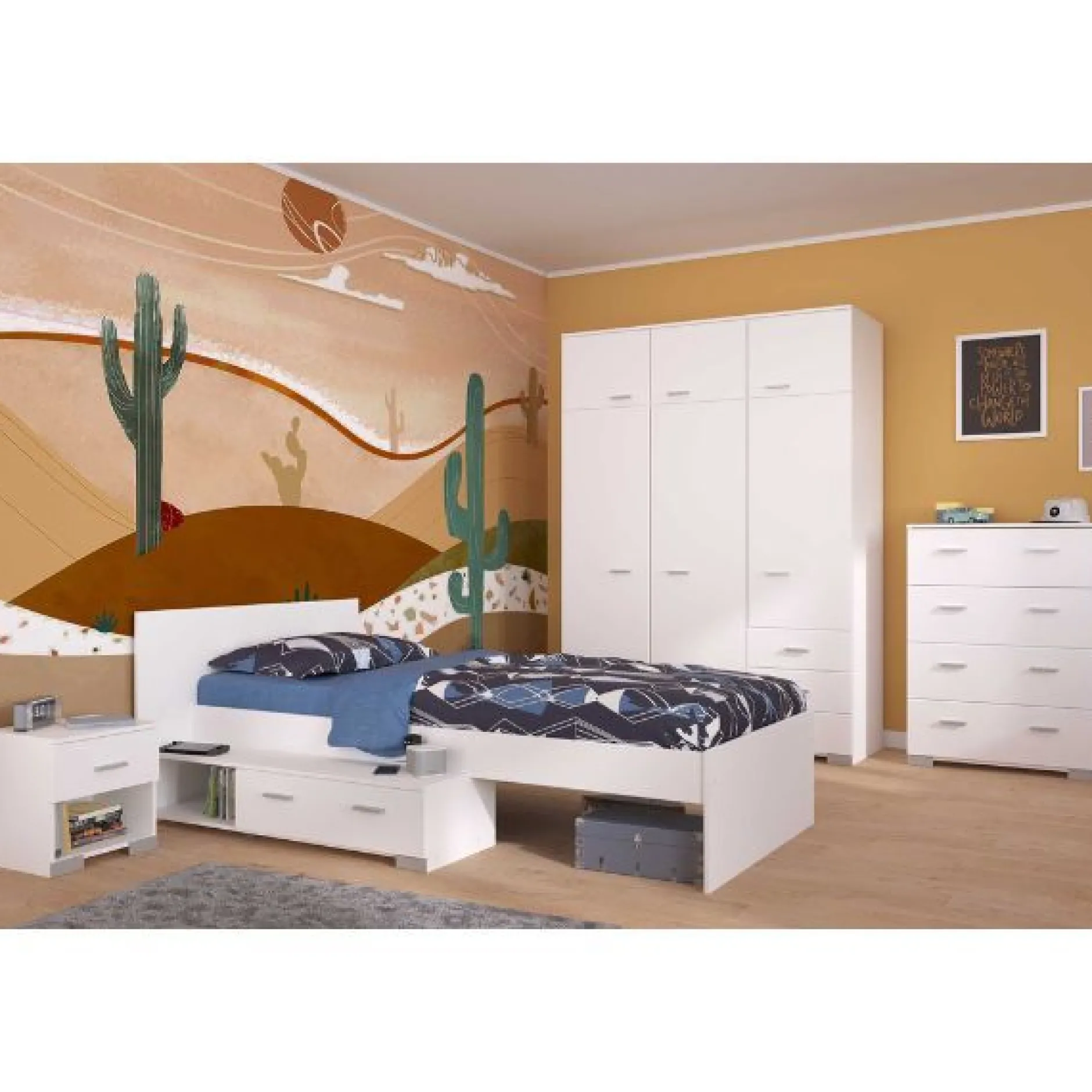 Kinderzimmer-Set Galaxy | Einzelbett, Kommode, Kleiderschrank, Nachttisch | Weiß
