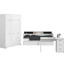 Kinderzimmer-Set Galaxy | Einzelbett, Schreibtisch, Kleiderschrank | Weiß