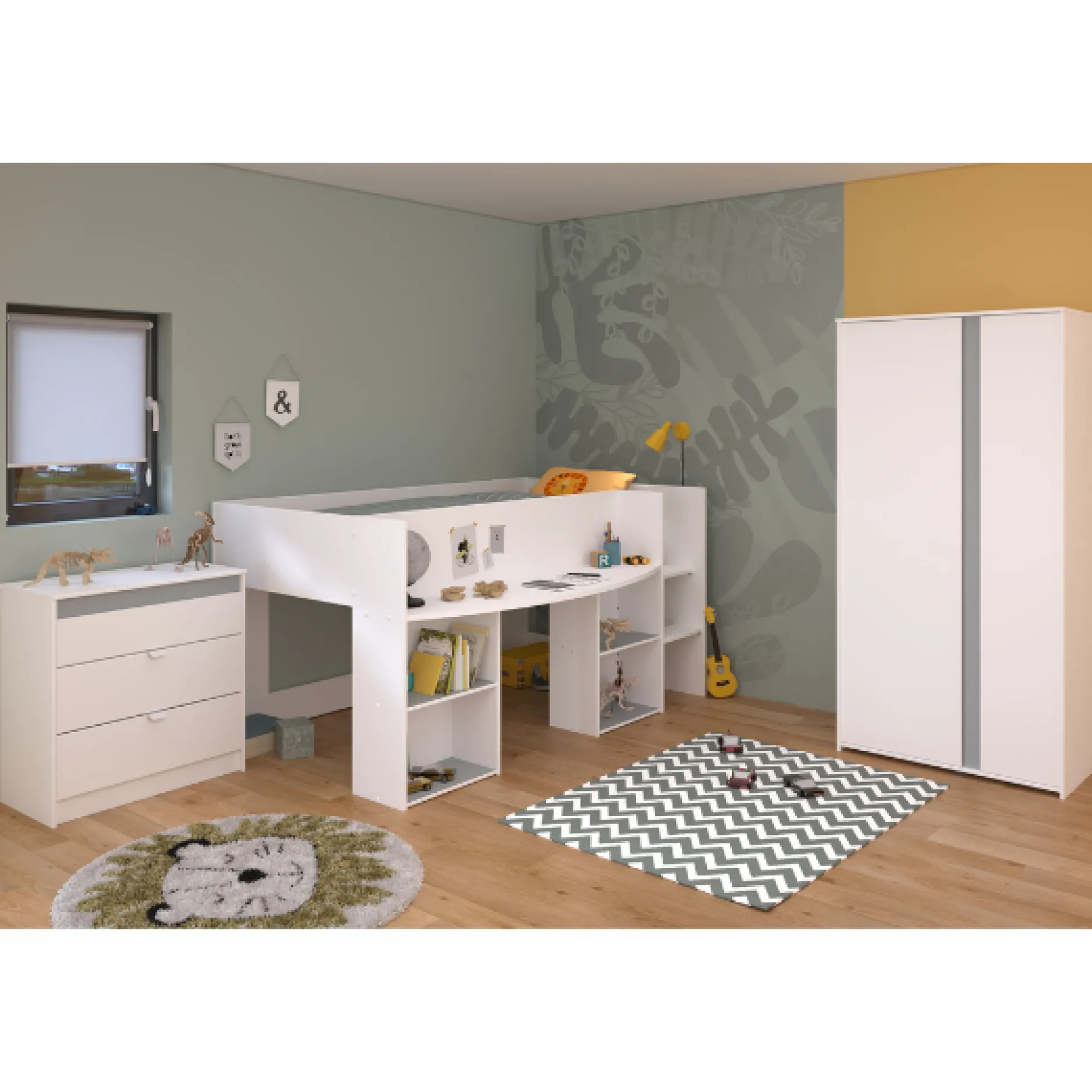 Kinderzimmer-Set Rue | Halbhochbett, Kleiderschrank, Kommode