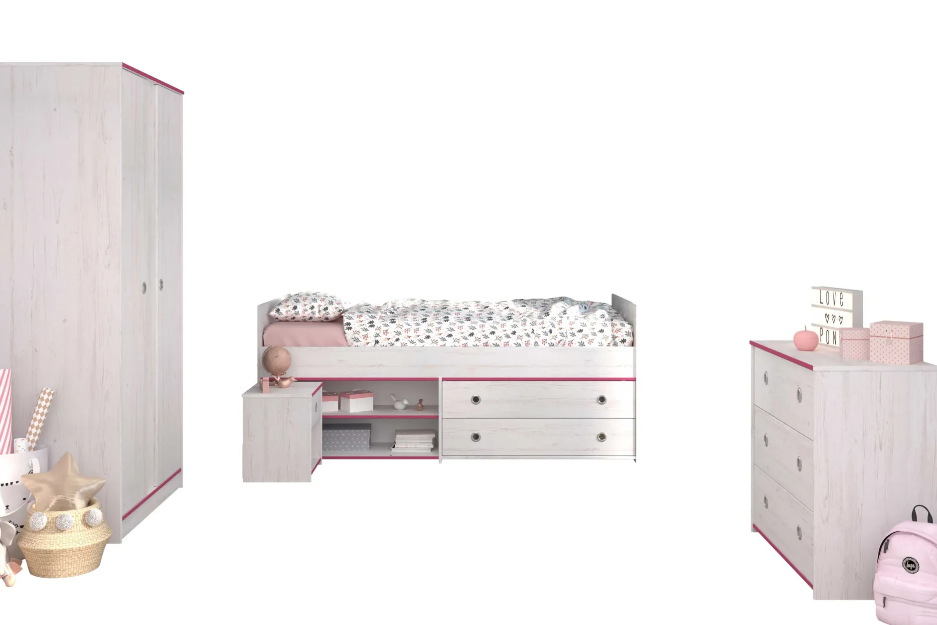 Kinderzimmer-Set Smoozy | Kabinenbett, Schreibtisch, Nachttisch, Kommode | Weiß