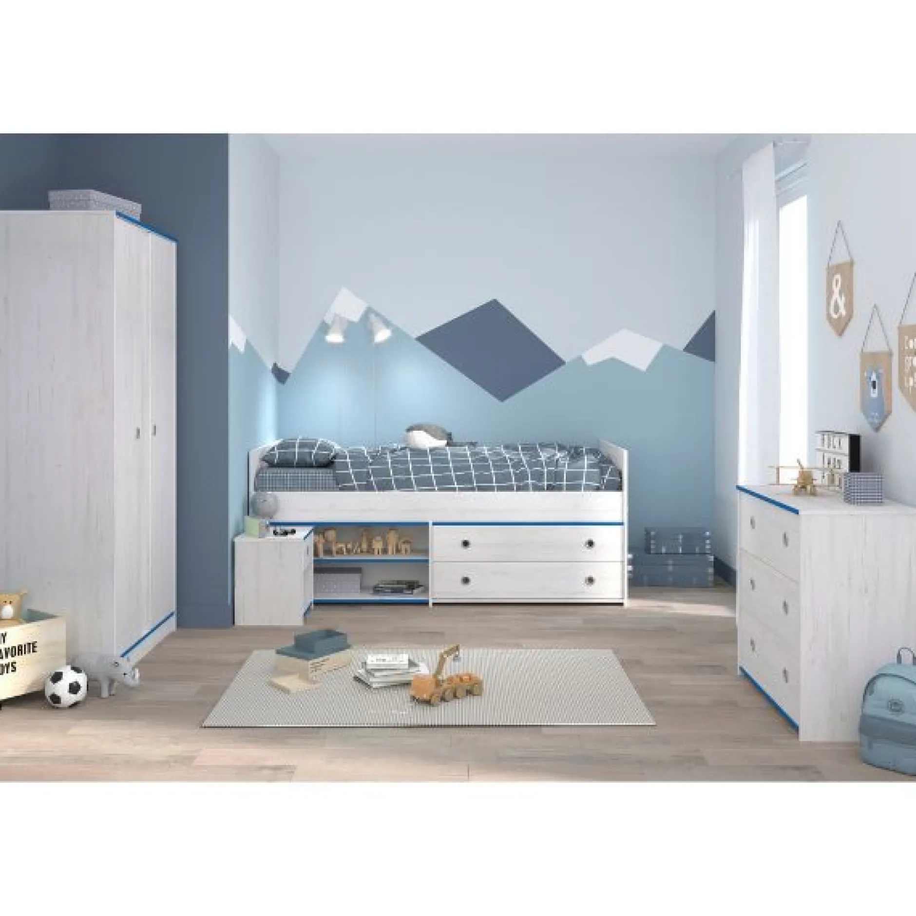Kinderzimmer-Set Smoozy | Kabinenbett, Schreibtisch, Nachttisch, Kommode | Weiß