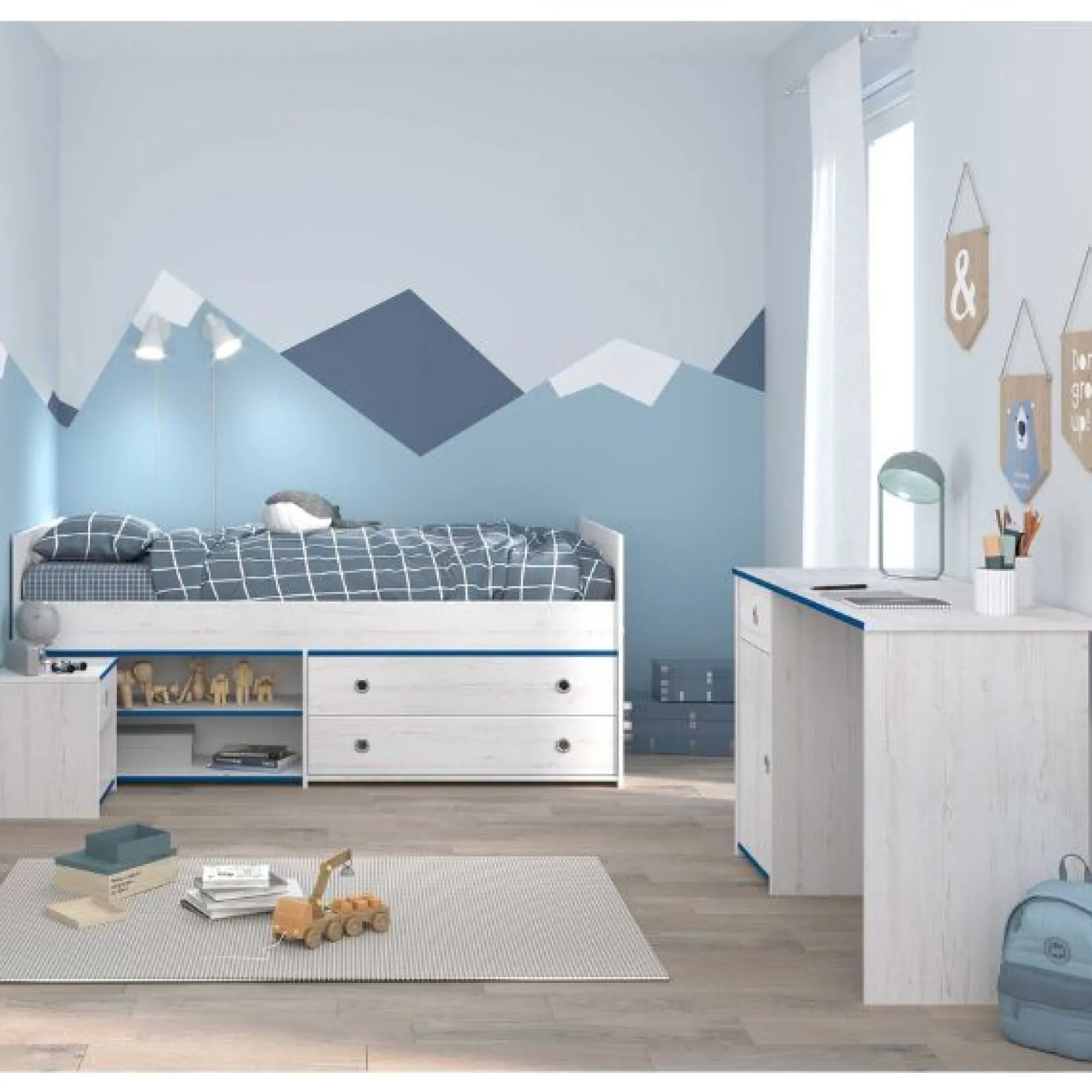 Kinderzimmer-Set Smoozy | Kabinenbett, Schreibtisch und Nachttisch | Weiß