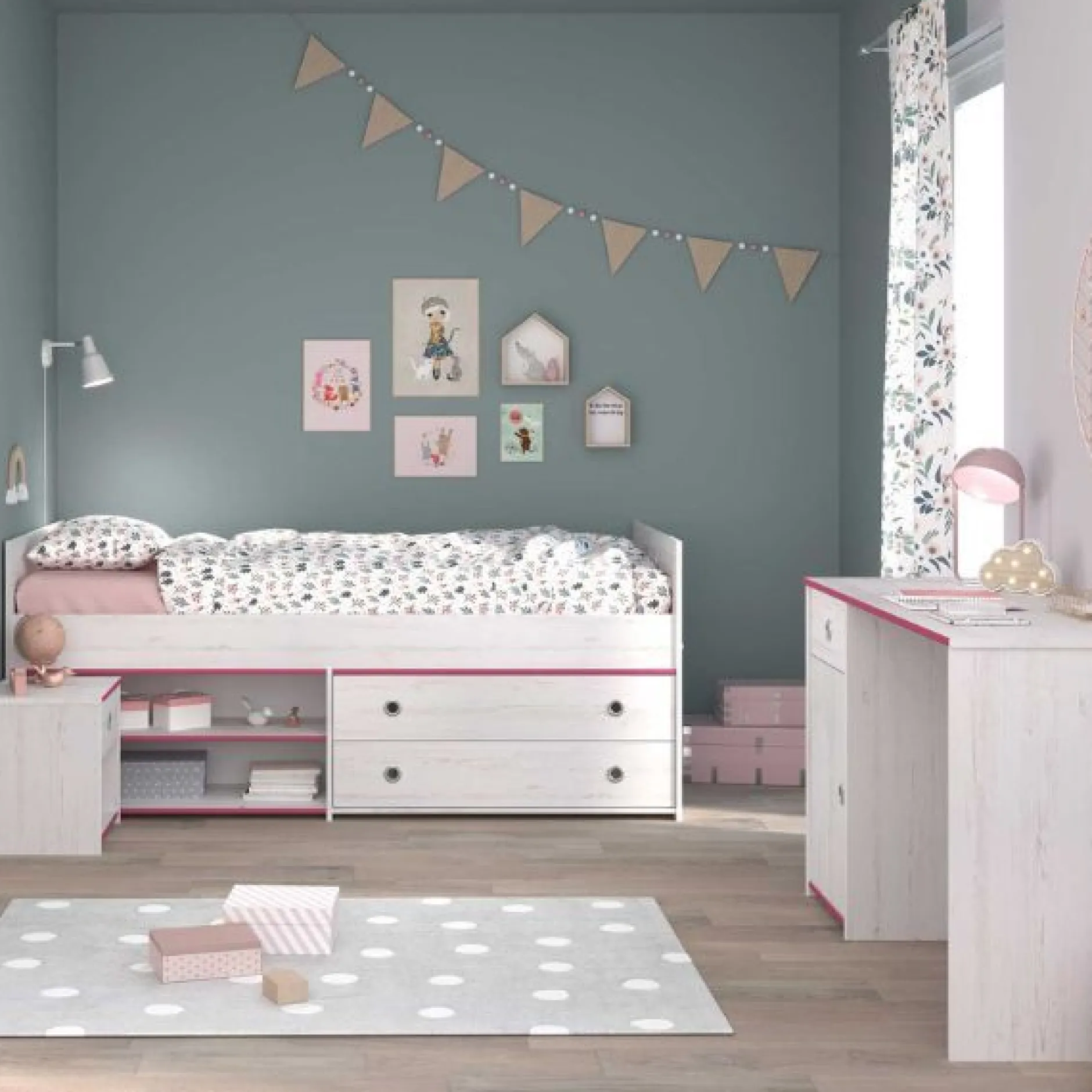 Kinderzimmer-Set Smoozy | Kabinenbett, Schreibtisch und Nachttisch | Weiß