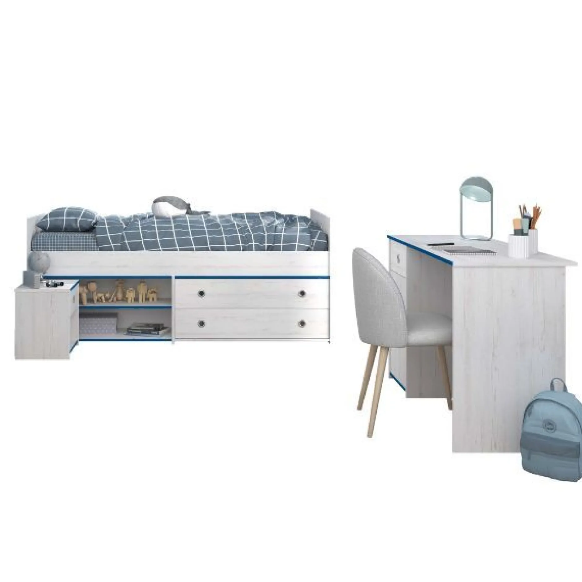 Kinderzimmer-Set Smoozy | Kabinenbett, Schreibtisch und Nachttisch | Weiß