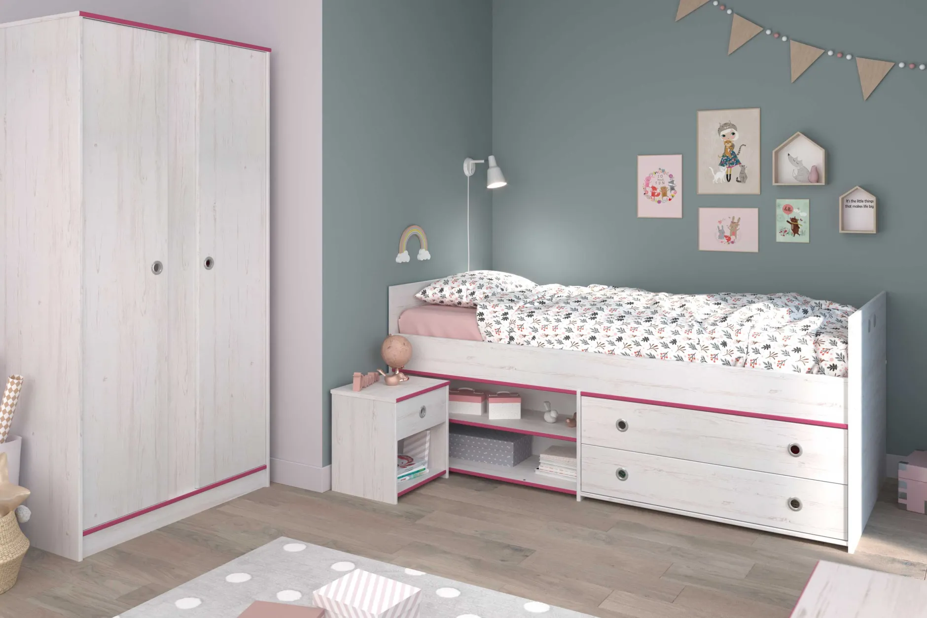 Kinderzimmer-Set Smoozy | Kinderbett, Kleiderschrank und Nachttisch | Weiß