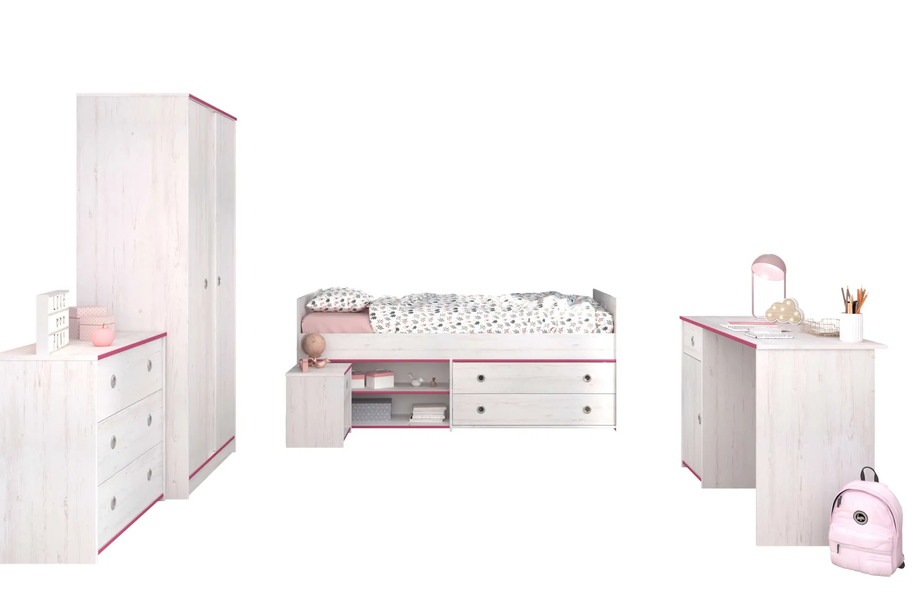 Kinderzimmer-Set Smoozy | Kinderbett, Schreibtisch, Kommode, Nachttisch, Kleiderschrank | Weiß