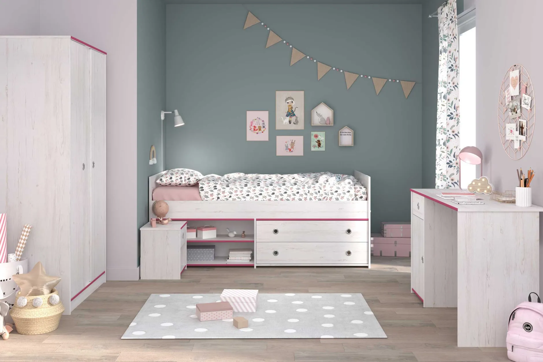 Kinderzimmer-Set Smoozy | Kinderbett, Schreibtisch, Nachttisch, Kleiderschrank | Weiß