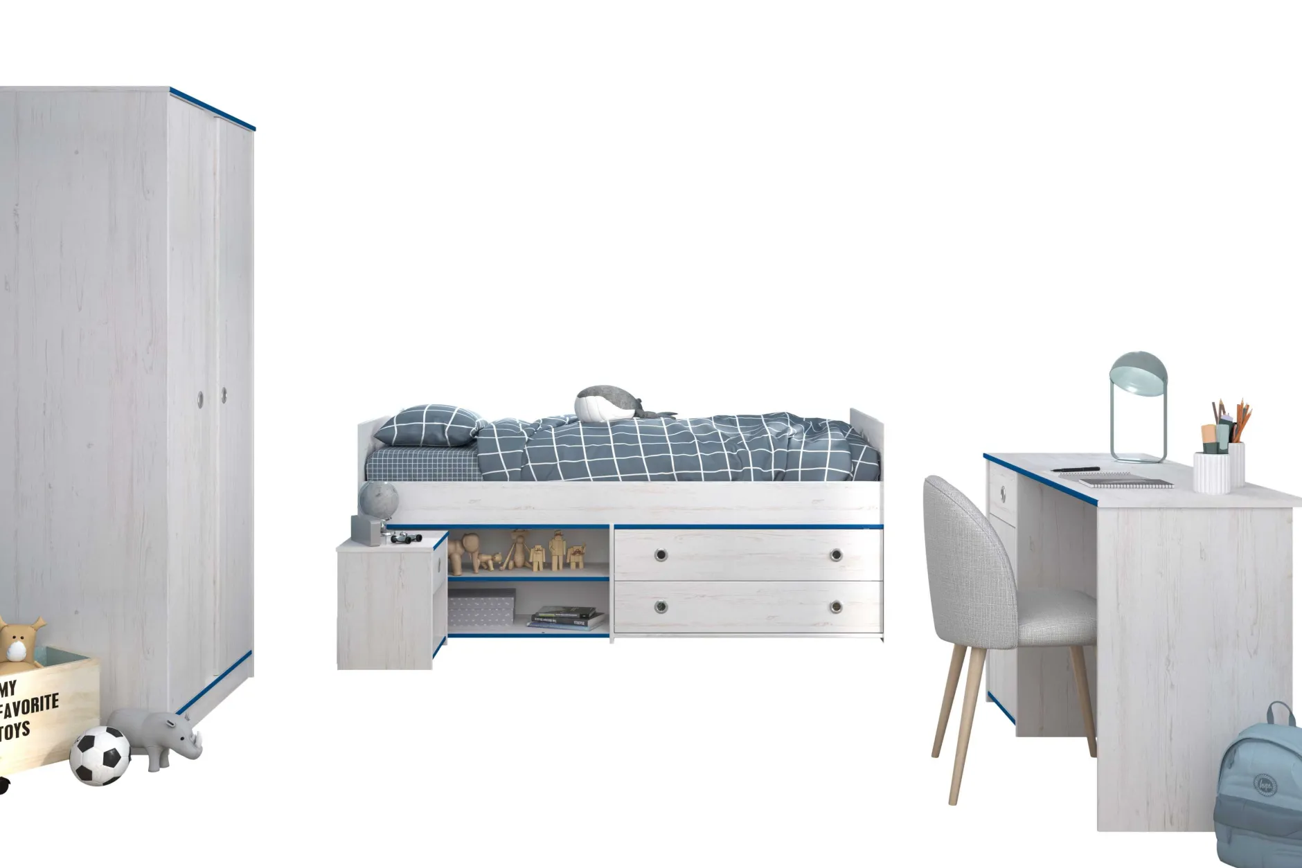 Kinderzimmer-Set Smoozy | Kinderbett, Schreibtisch, Nachttisch, Kleiderschrank | Weiß