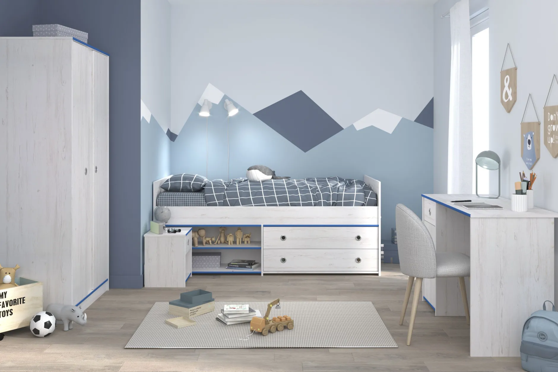 Kinderzimmer-Set Smoozy | Kinderbett, Schreibtisch, Nachttisch, Kleiderschrank | Weiß