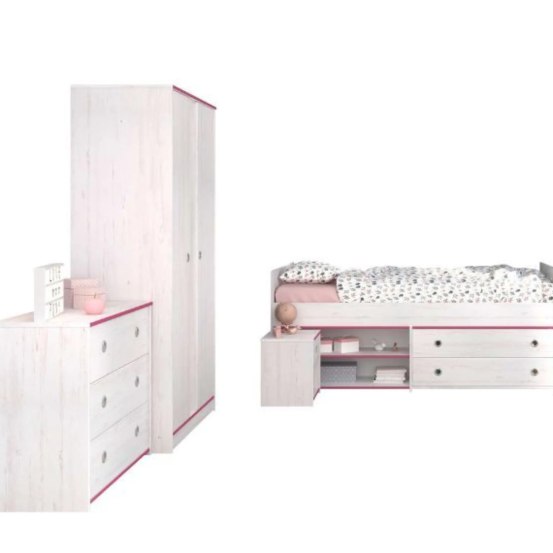Kinderzimmer-Set Smoozy | Kinderbett, Kleiderschrank, Kommode und Nachttisch | Weiß