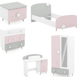 Kinderzimmer Stellar: Bett 90x200cm, Nachttisch, Kommode, Kleiderschrank, Schreibtisch