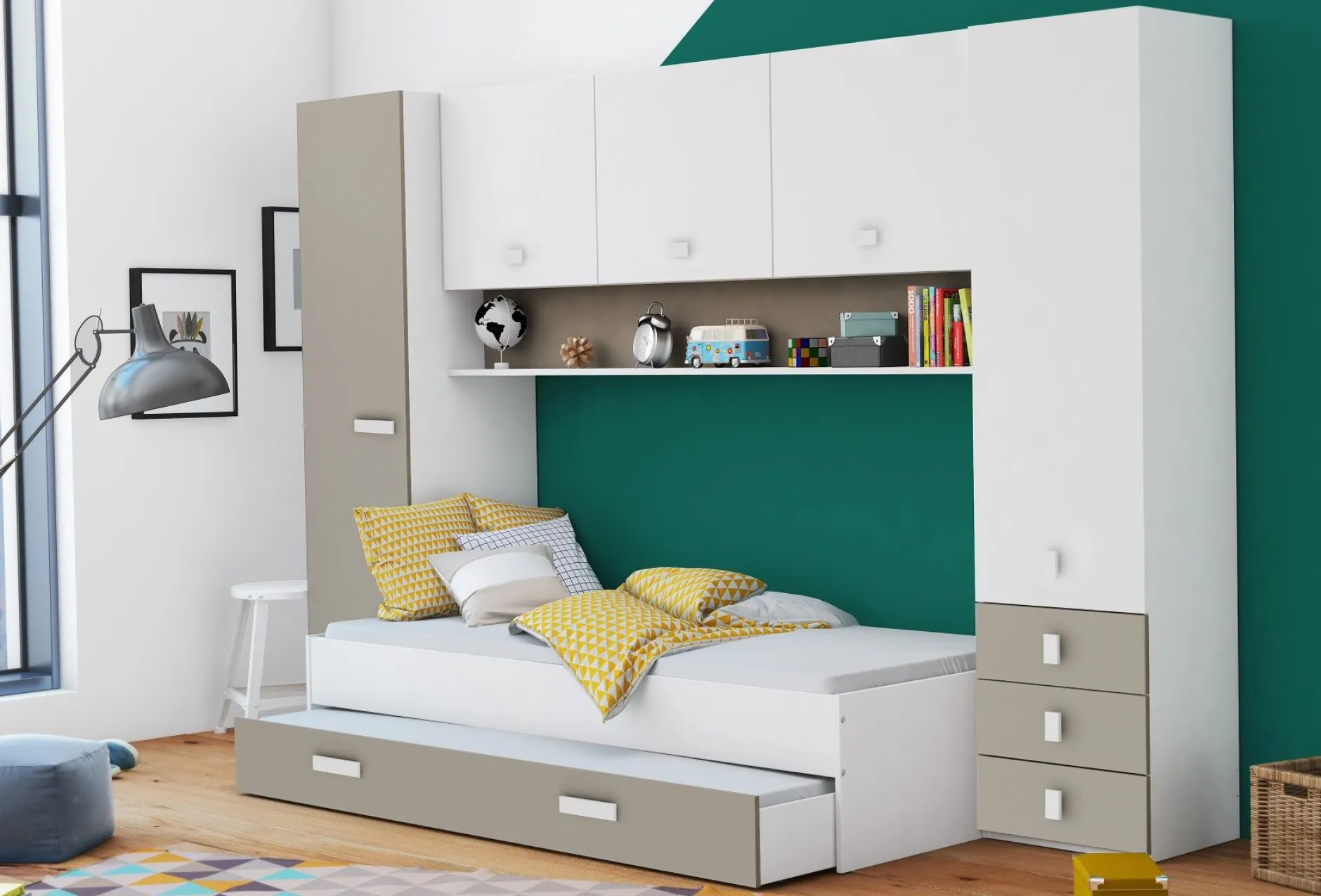 Kinderzimmer Tidelle - Bett 90x200cm mit Bettkasten und Brückenkommode - weiß/beige