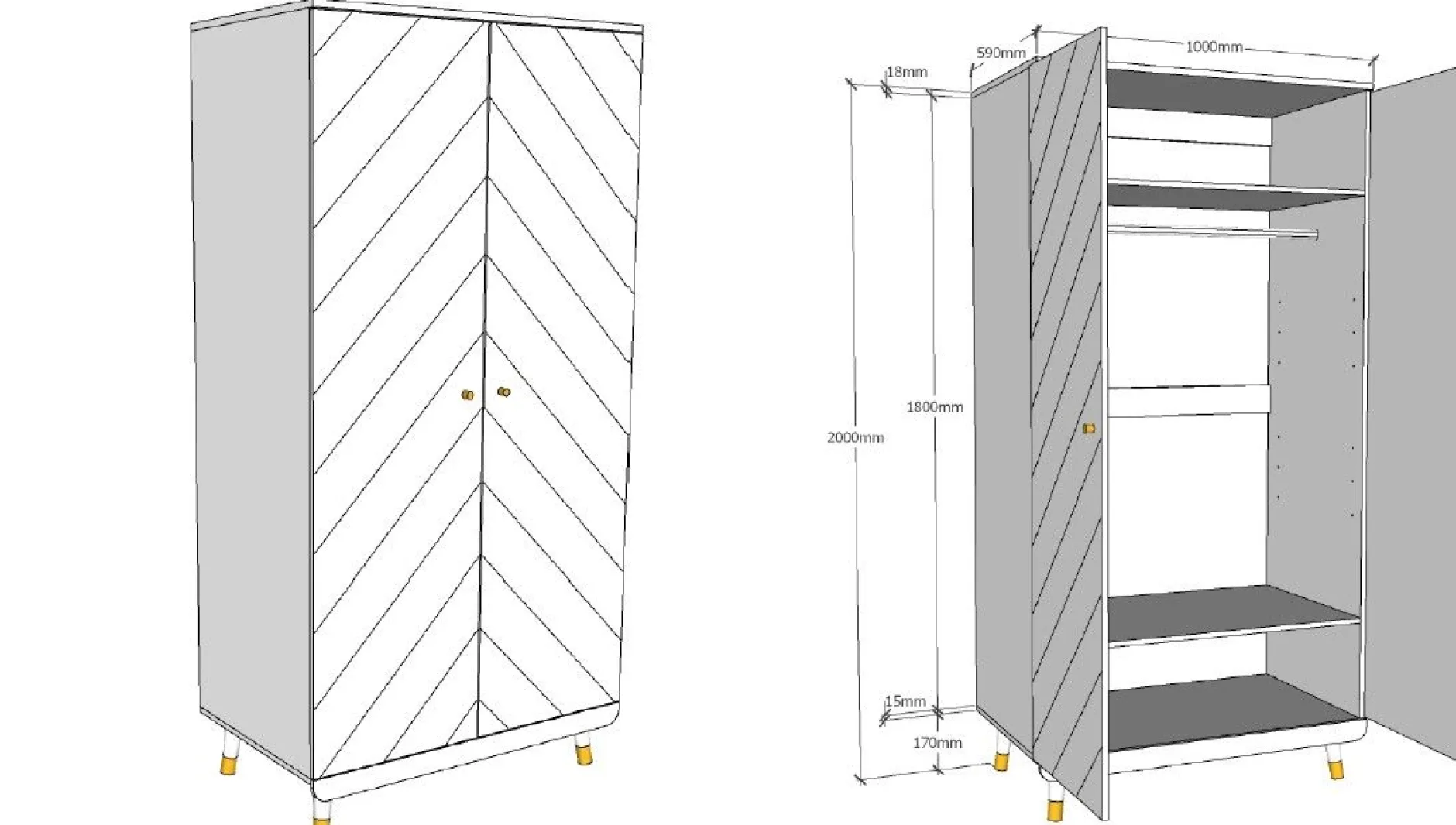 Kleiderschrank Billy 2 Türen MDF - weiß/gold