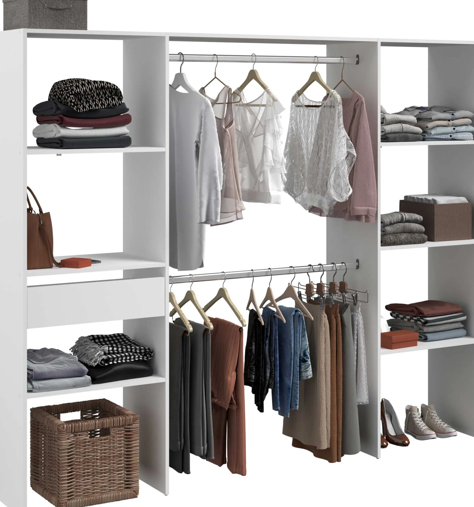 Kleiderschrank Botan 220cm, 6 Einlegeböden, 2 Kleiderstangen und 1 Schublade - weiß
